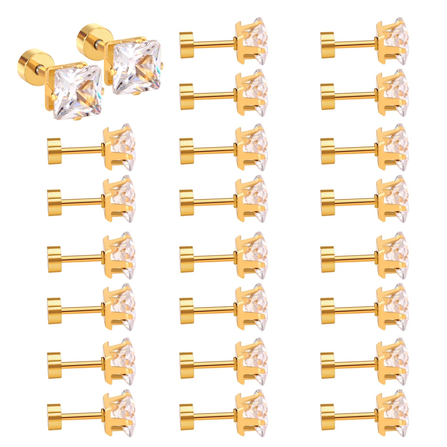 3mm~7mm Steel/Gold/Mixed color square white diamond screw plugs asonjewelry