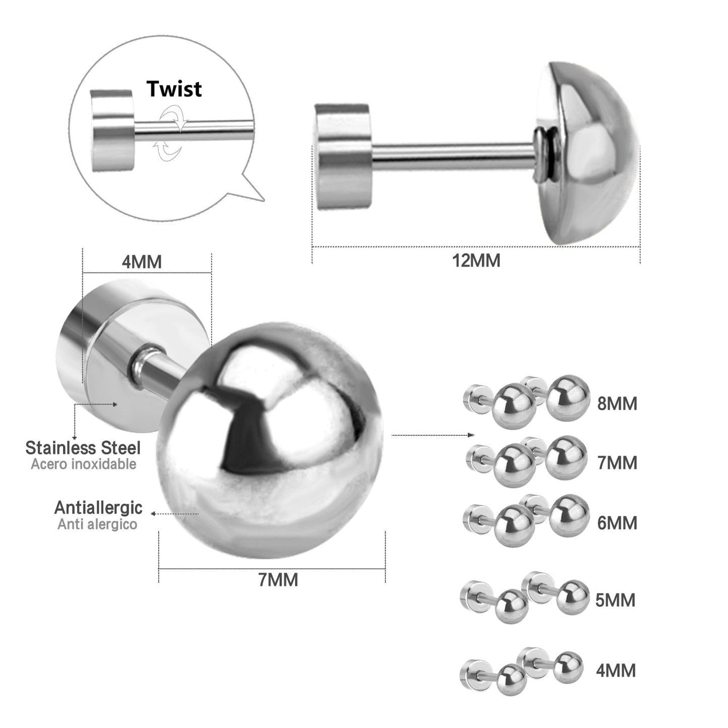 4mm~8mm steel color & gold color half-round ball screw plugs asonjewelry