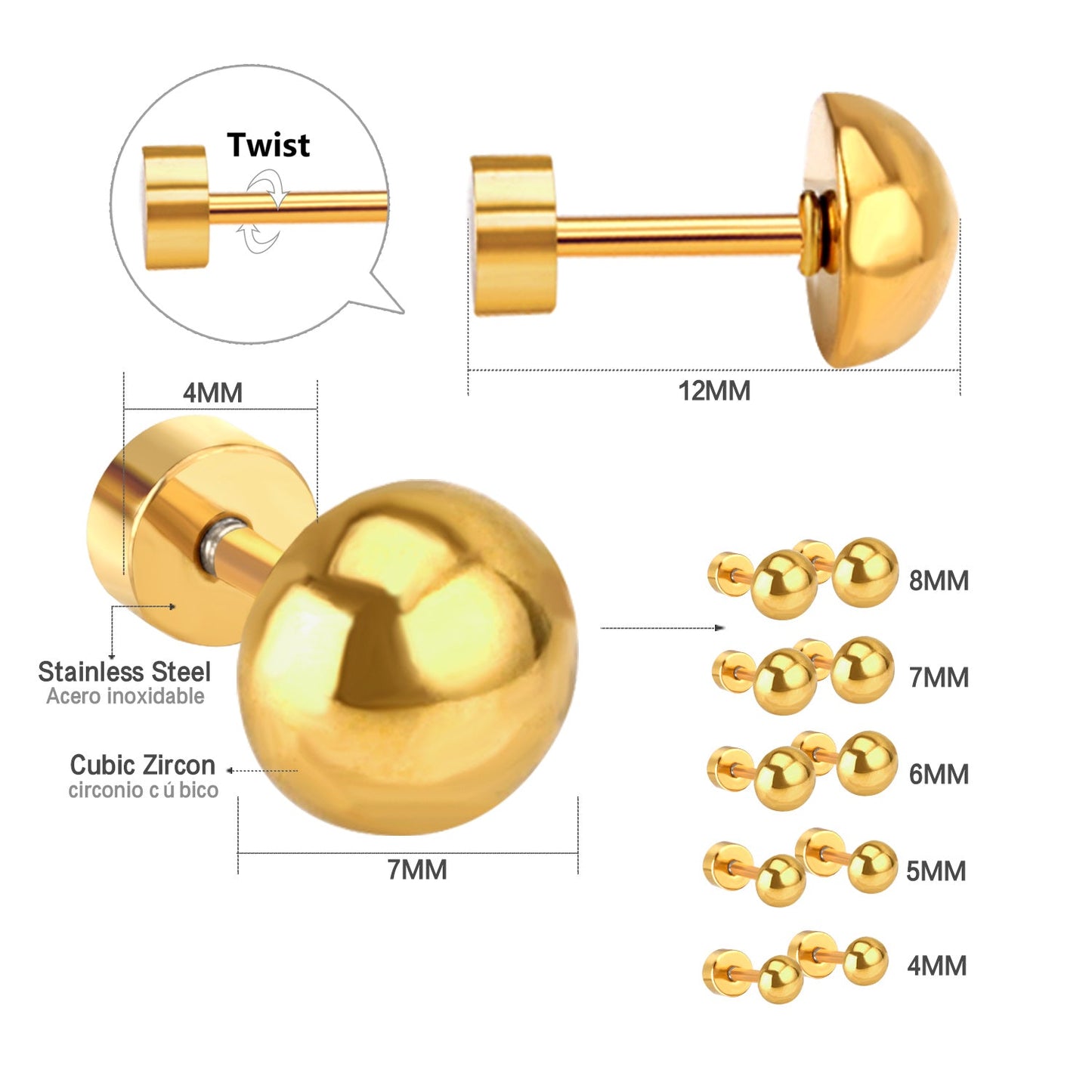 4mm~8mm steel color & gold color half-round ball screw plugs asonjewelry
