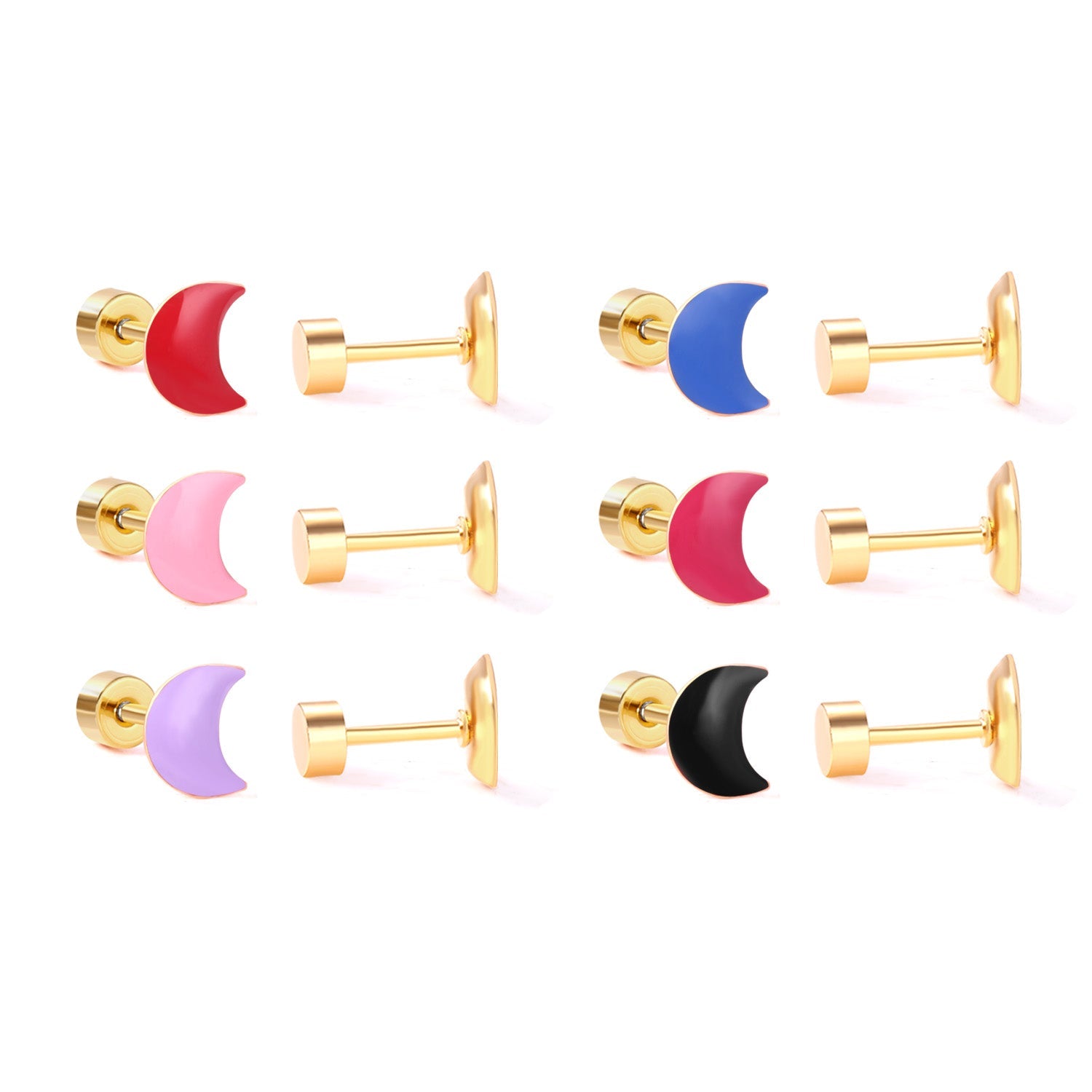 12 pairs Steel / Goldtone Moon Shaped Mixed Color Screwback Earrings asonjewelry