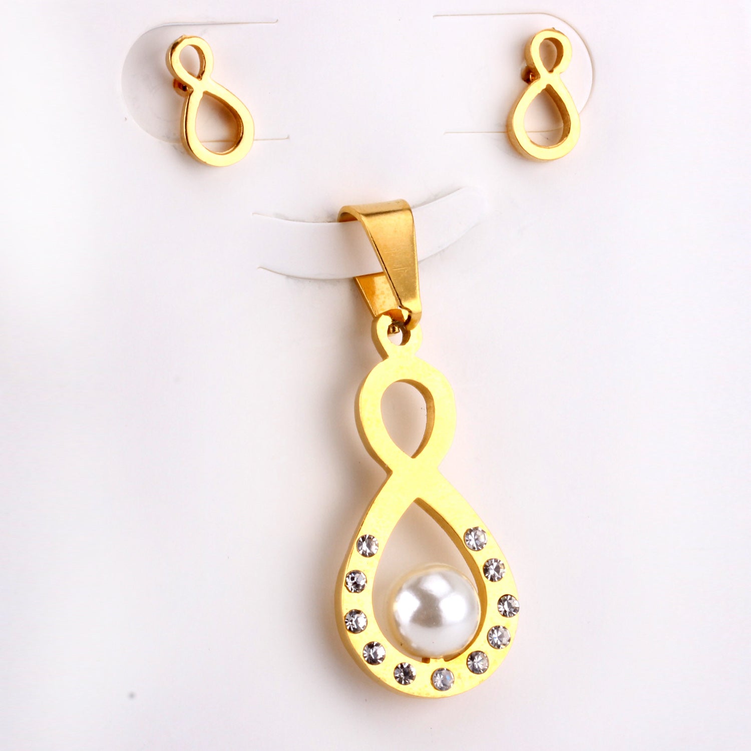 Steel/golden figure 8 cut faceted jewelry set with pearl asonjewelry