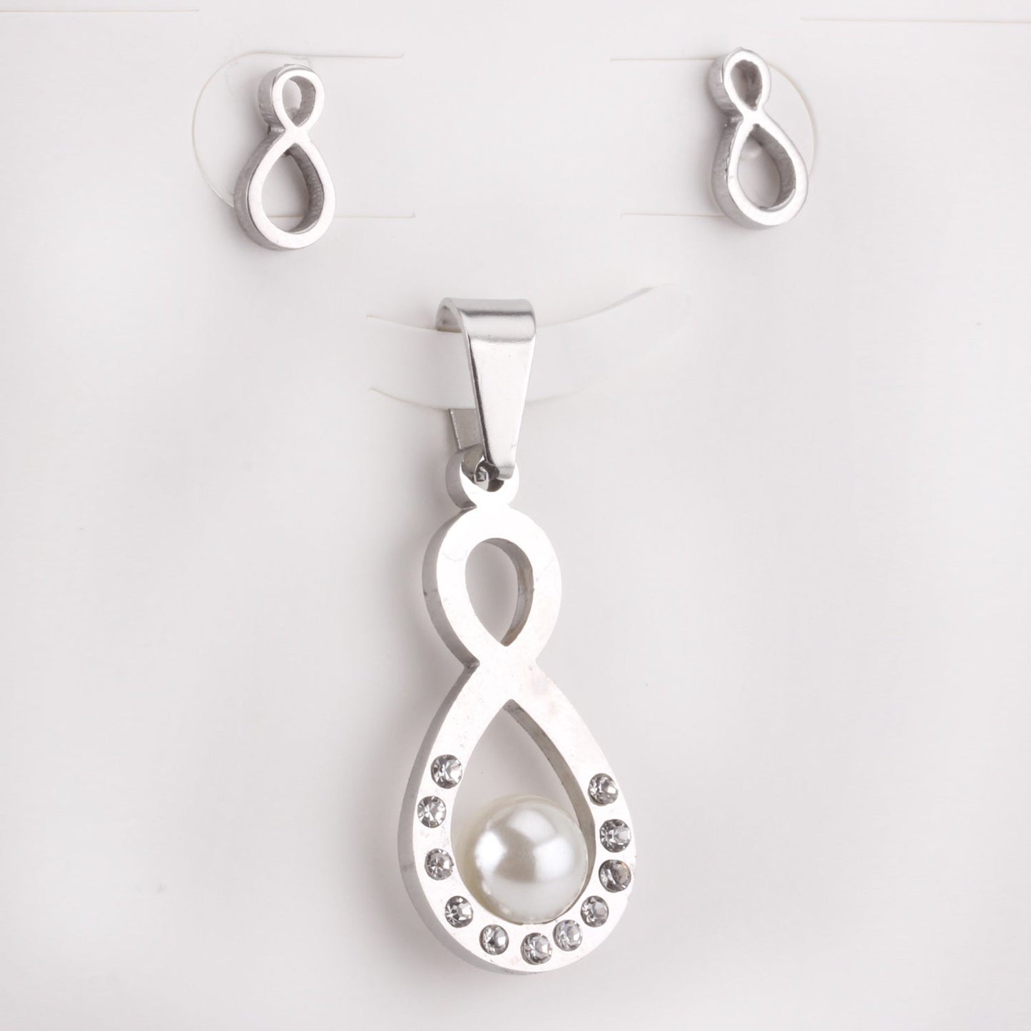 Steel/golden figure 8 cut faceted jewelry set with pearl asonjewelry