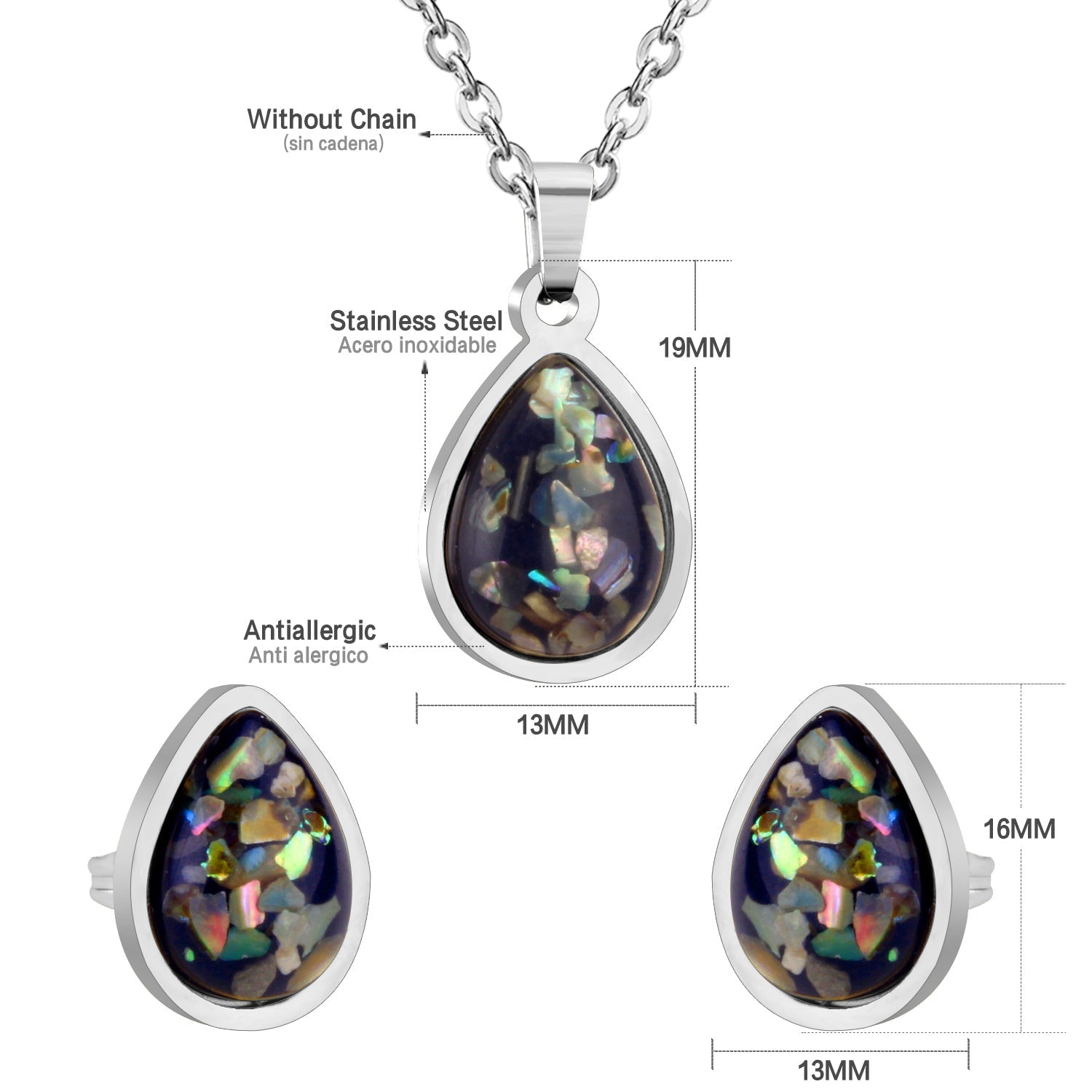 Gold/Steel Oval Black Flower Stone Jewelry Set asonjewelry