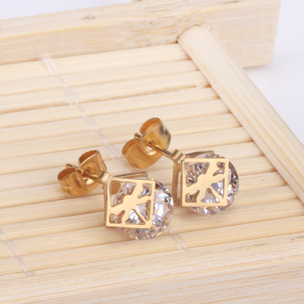 Gold/steel set with zirconia + two wispy dragonfly shapes wrapped in squares asonjewelry