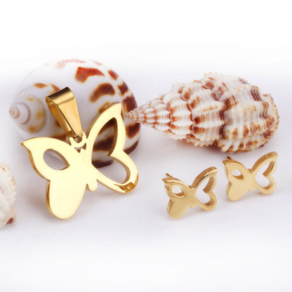 Set of cut jewelry without diamonds in gold/steel with irregular flower butterfly half hollowed out asonjewelry