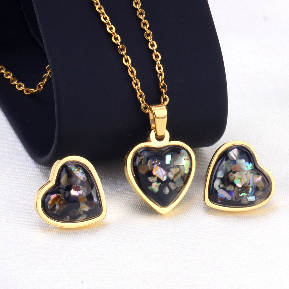 Steel/Gold Heart Shaped Fancy Stone/Black Fancy Stone Jewelry Set asonjewelry