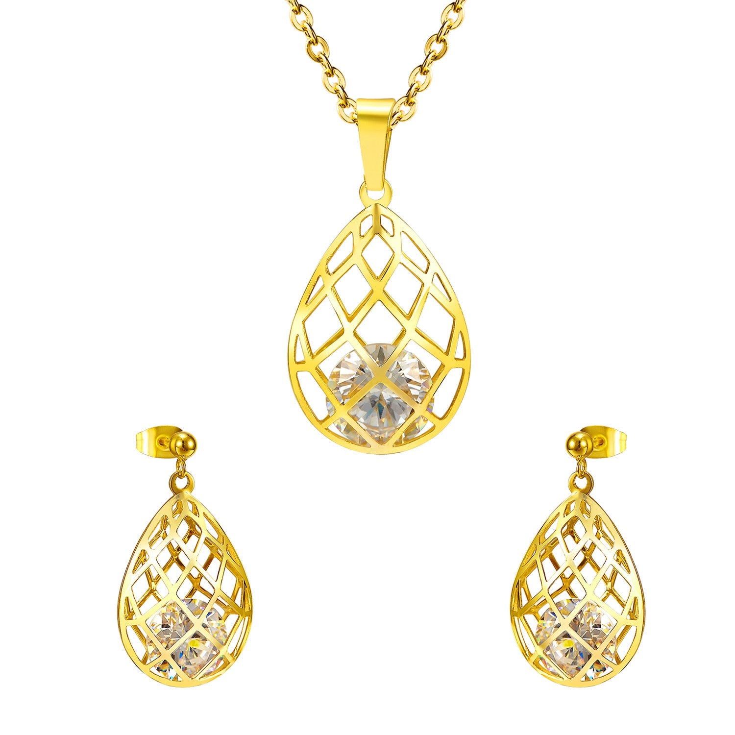 Gold/steel emery mesh hollowed out teardrop interior + diamond jewelry set asonjewelry