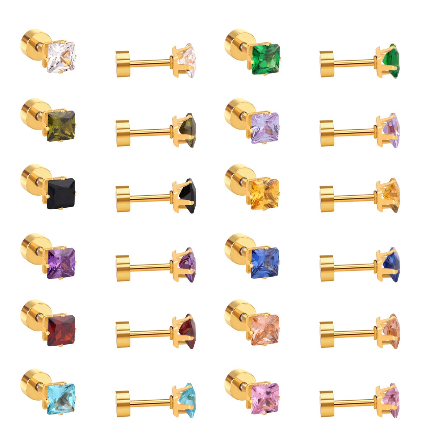 3mm~7mm Steel/Gold/Mixed color square white diamond screw plugs asonjewelry