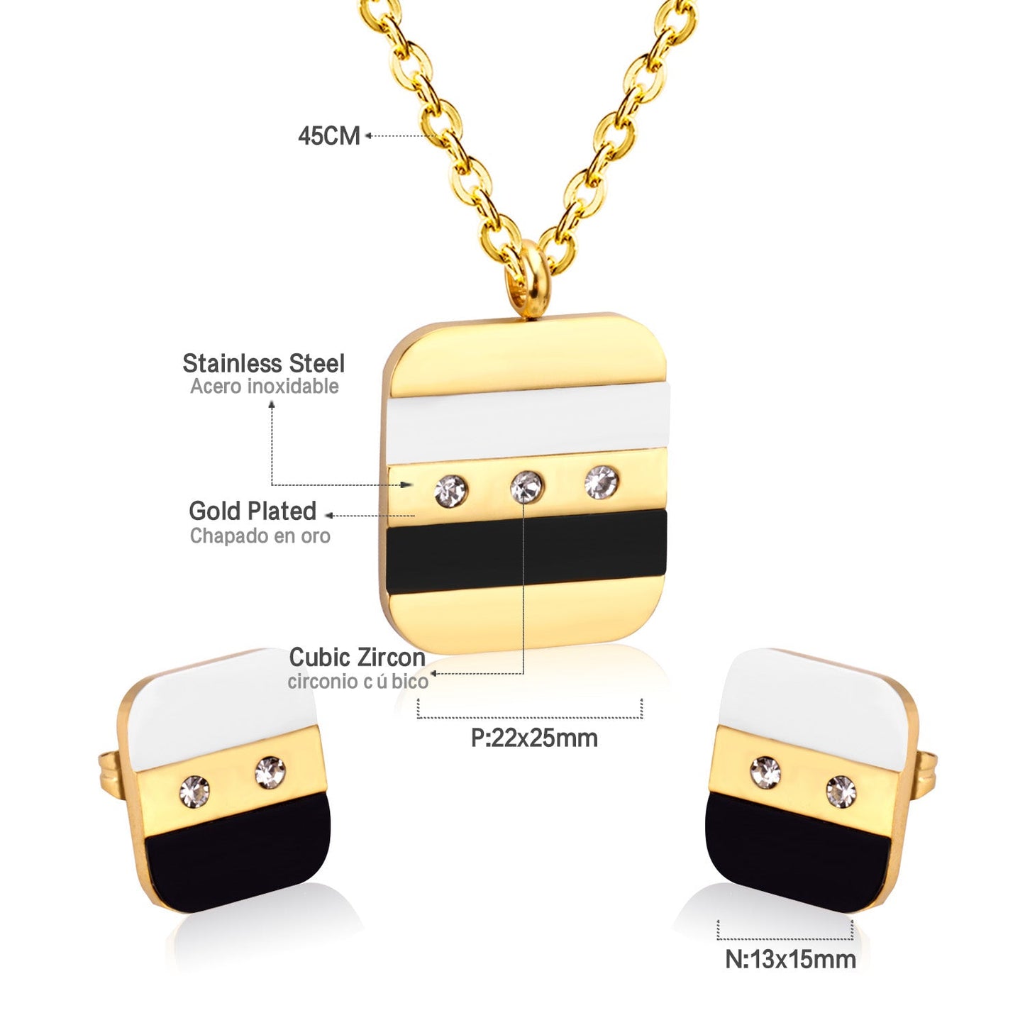 Steel/Gold Rectangle with Shell + Diamond Jewelry Set asonjewelry
