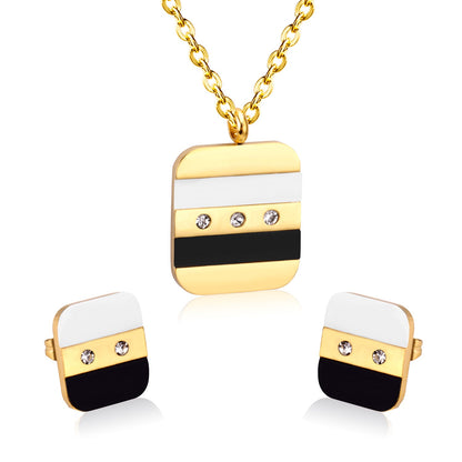 Steel/Gold Rectangle with Shell + Diamond Jewelry Set asonjewelry