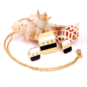 Steel/Gold Rectangle with Shell + Diamond Jewelry Set
