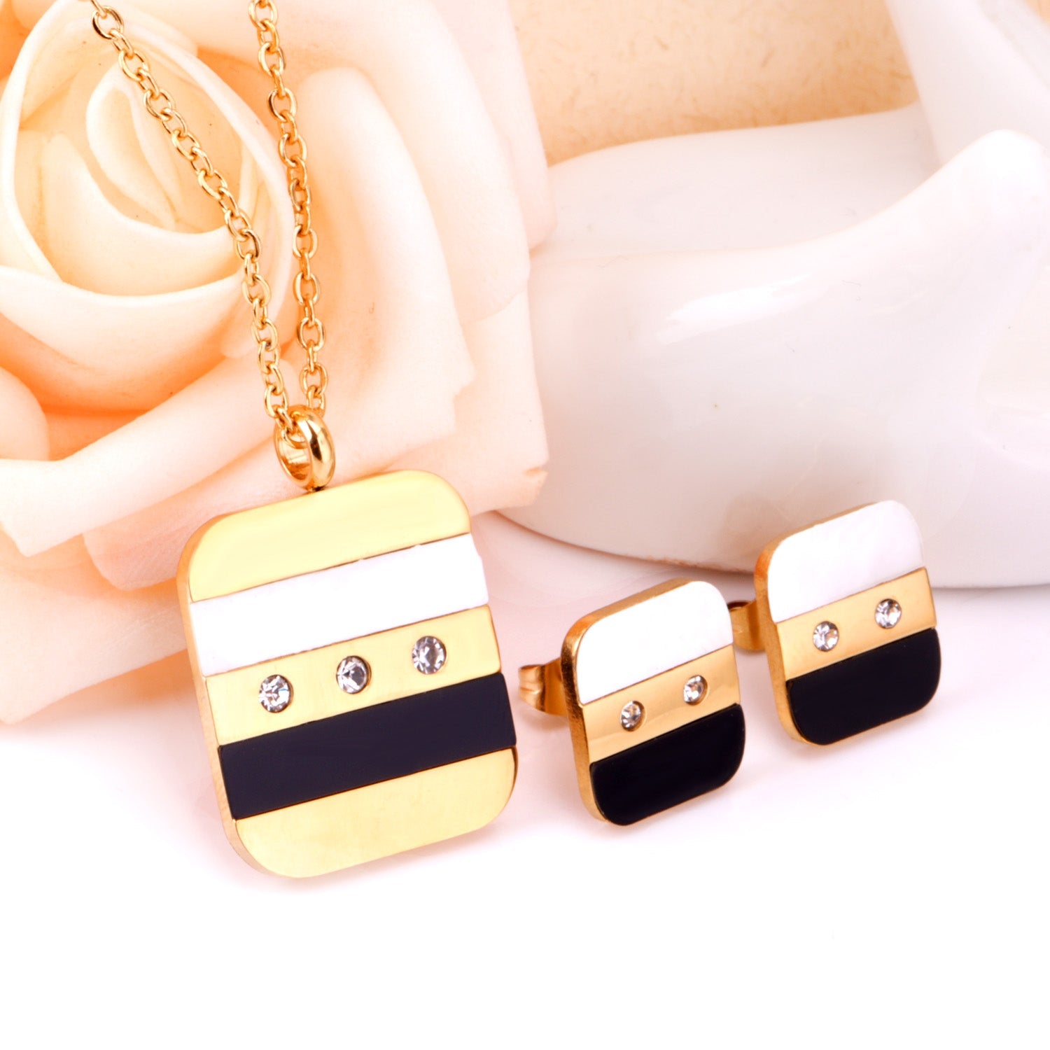 Steel/Gold Rectangle with Shell + Diamond Jewelry Set asonjewelry