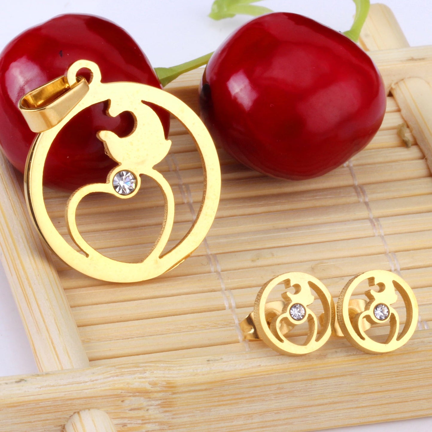 Gold/steel moon and heart connected in wisp cut jewelry set + diamonds asonjewelry