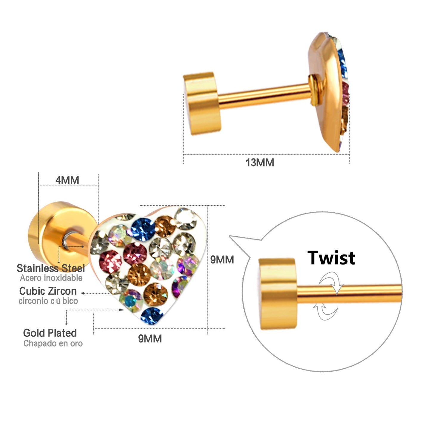 12 pairs 9mm steel/golden heart shaped sludge mix/five colors/white white sludge screw plugs asonjewelry