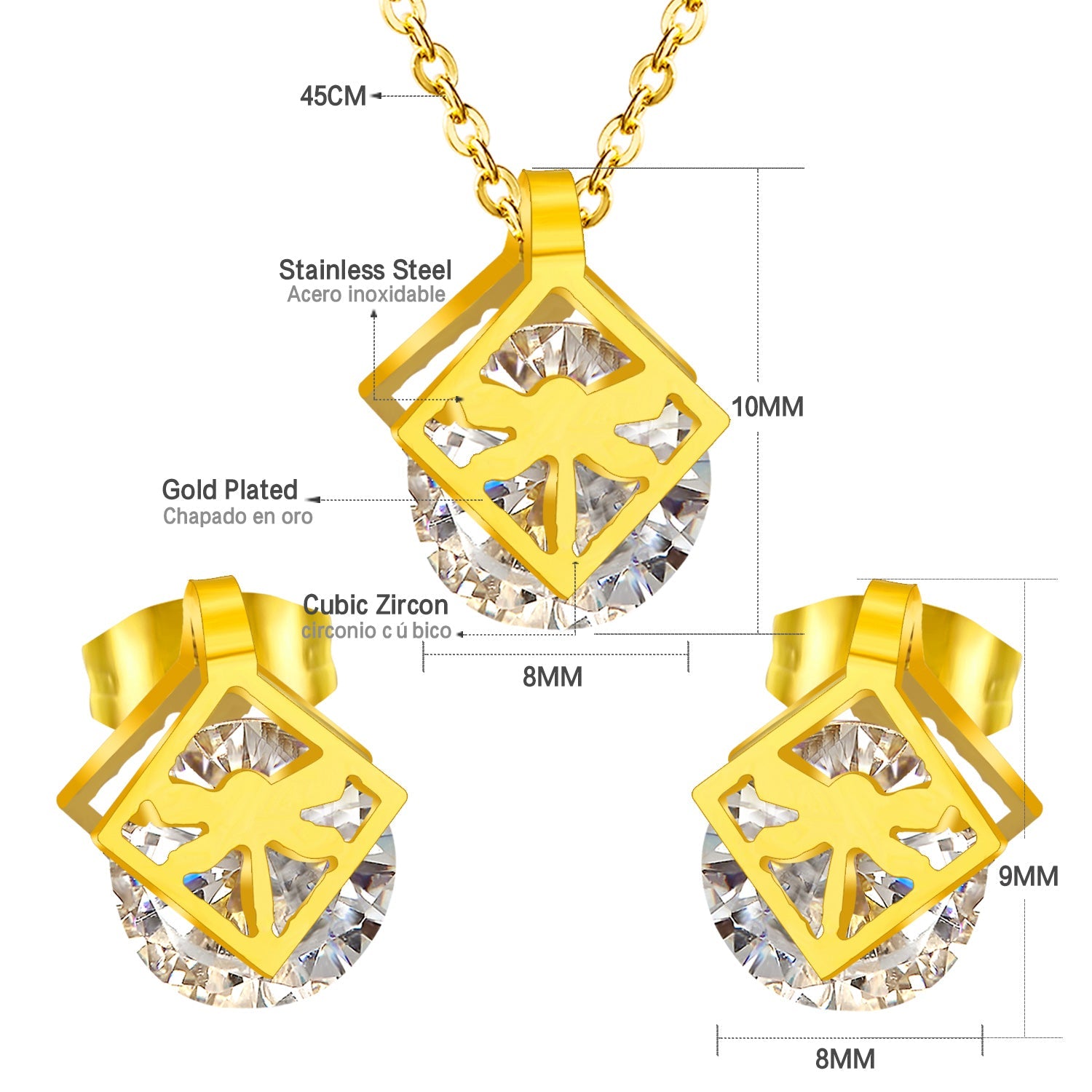 Gold/steel set with zirconia + two wispy dragonfly shapes wrapped in squares asonjewelry