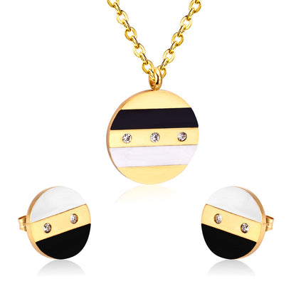Steel/Gold Round Shell + Diamond Jewelry Set asonjewelry