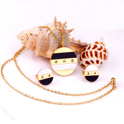 Steel/Gold Round Shell + Diamond Jewelry Set asonjewelry