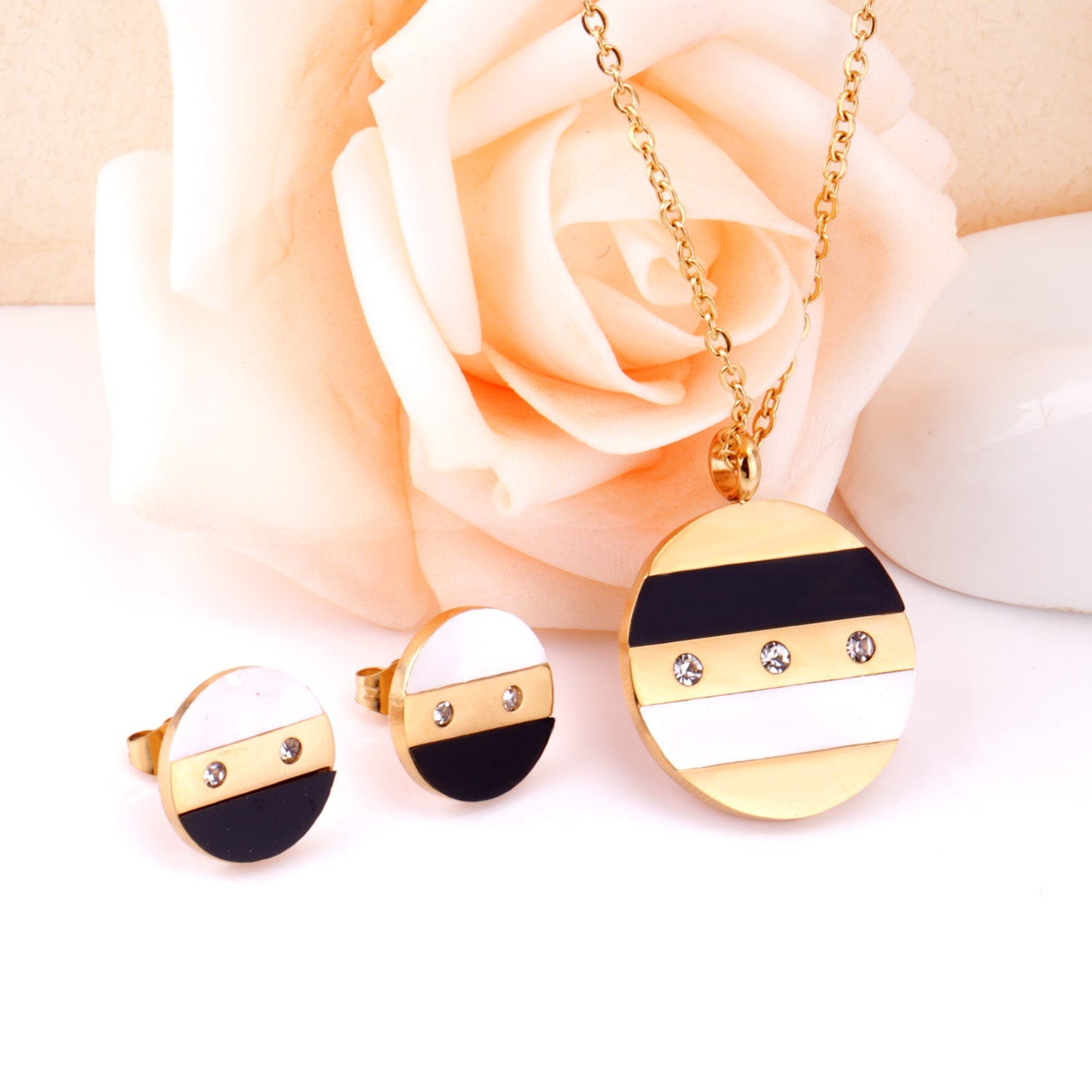 Steel/Gold Round Shell + Diamond Jewelry Set asonjewelry