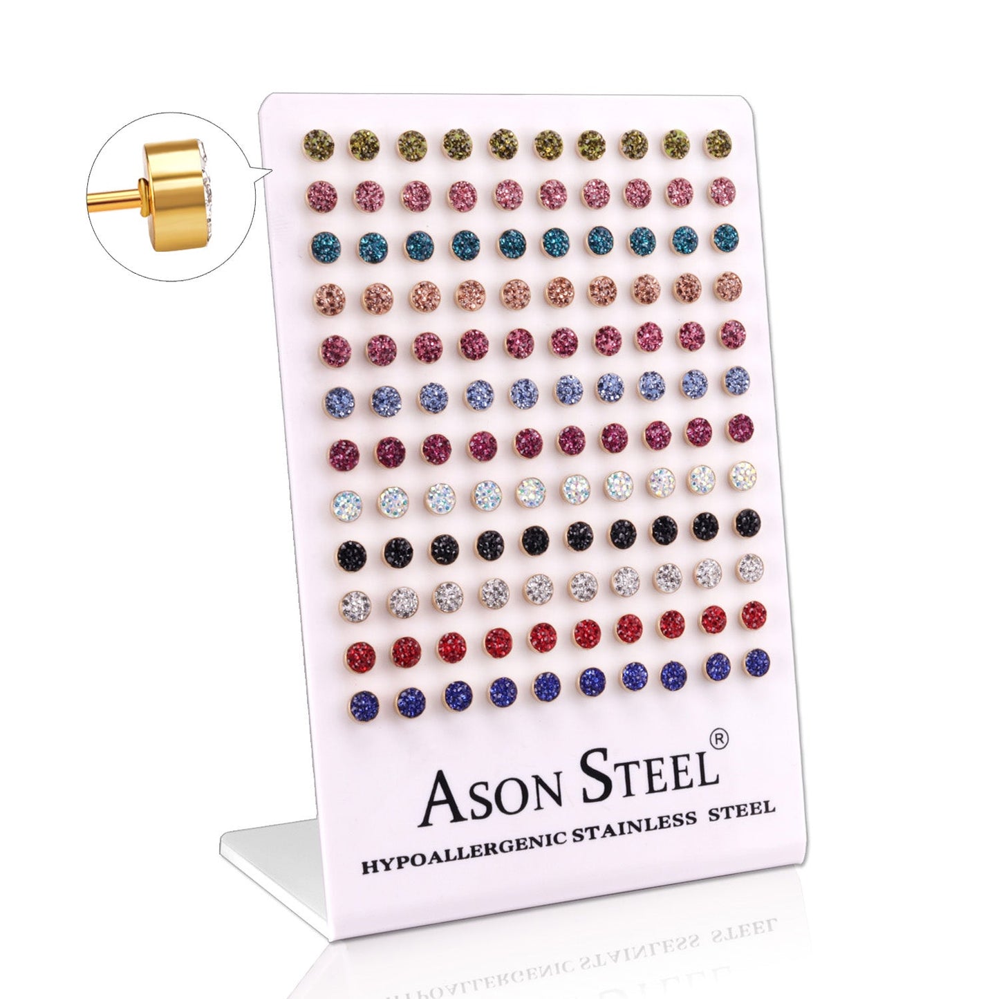 6mm steel/gold cylindrical white clay mix stud earrings on card holders asonjewelry