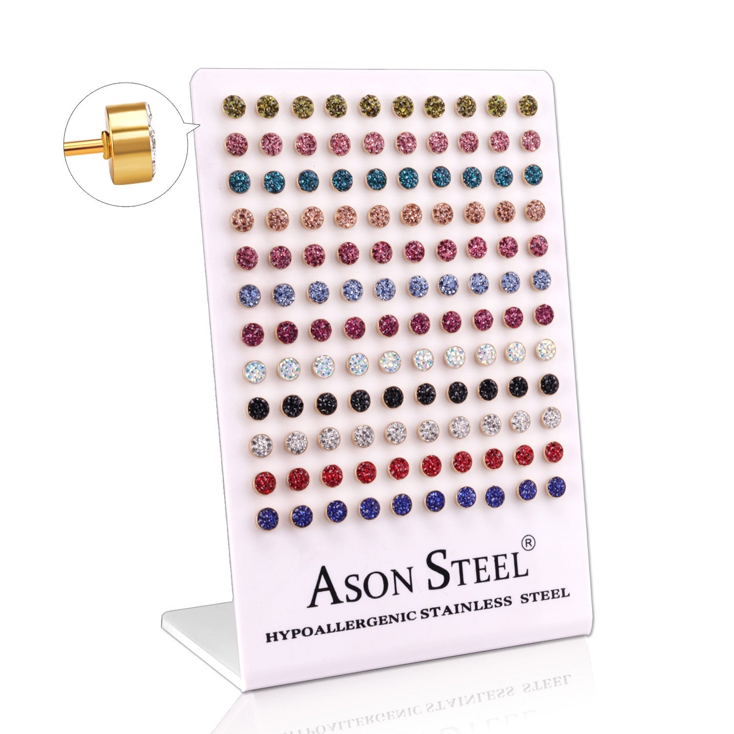 6mm steel/gold cylindrical white clay mix stud earrings on card holders asonjewelry