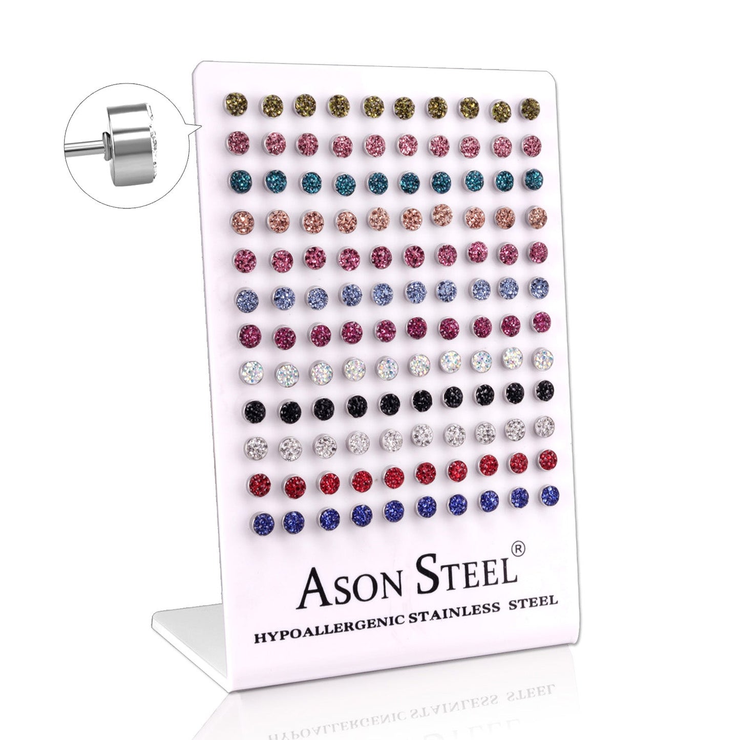 6mm steel/gold cylindrical white clay mix stud earrings on card holders asonjewelry