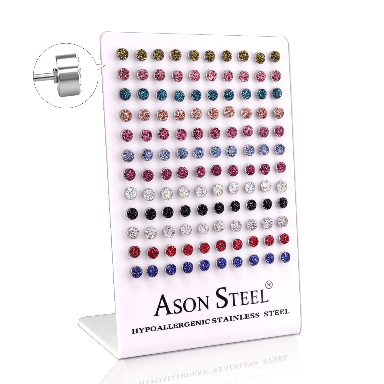 6mm steel/gold cylindrical white clay mix stud earrings on card holders asonjewelry