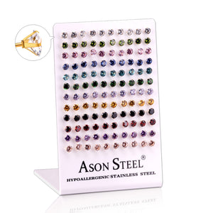 6mm steel/gold four-prong round diamond studs on card base