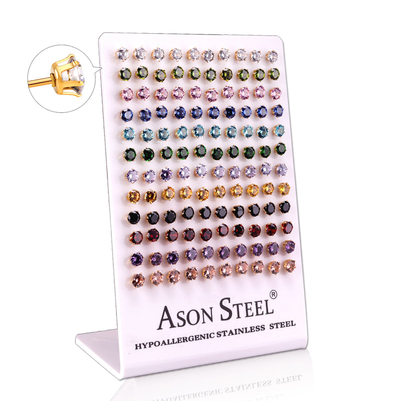 6mm Card Holder Steel/Gold Six Claw Round Mixed Diamond Stud Earrings