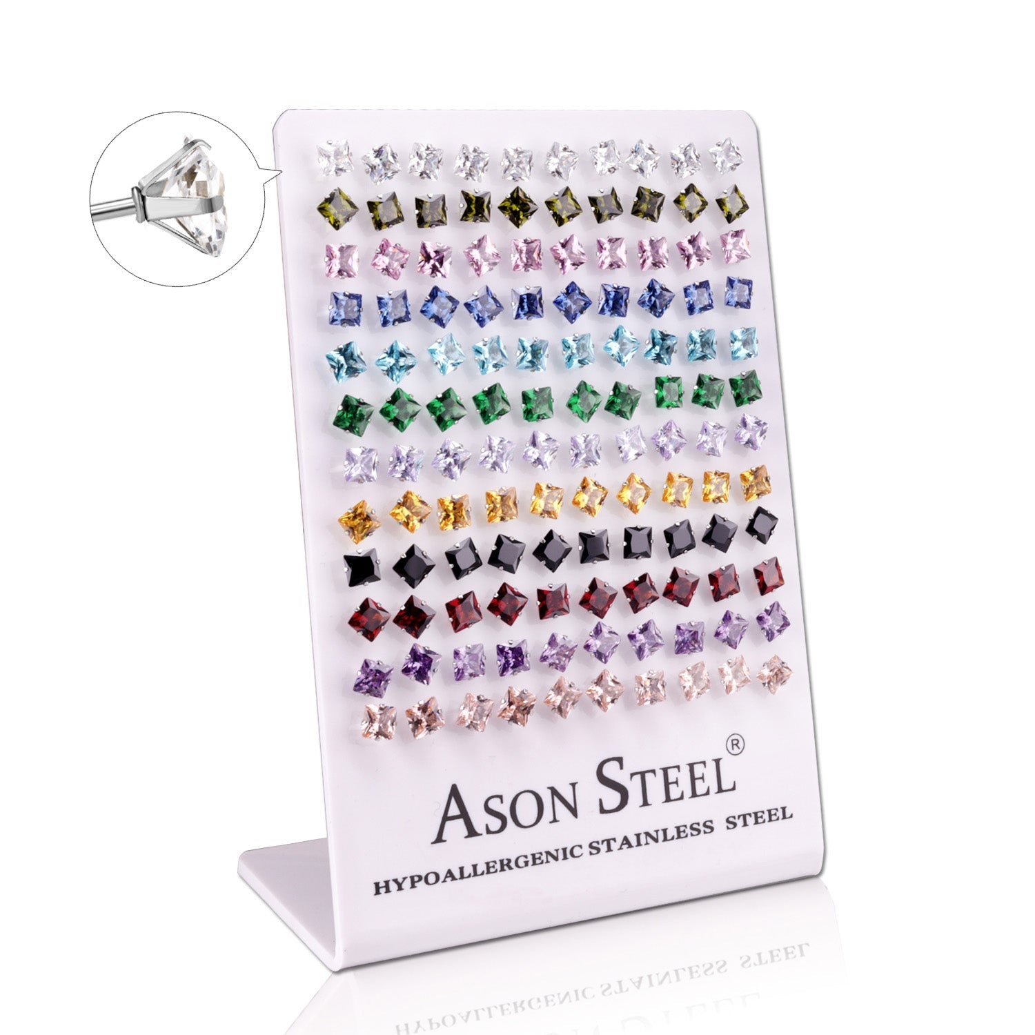 6mm Snapback Steel/Gold Square Mixed Diamond Stud Earrings asonjewelry