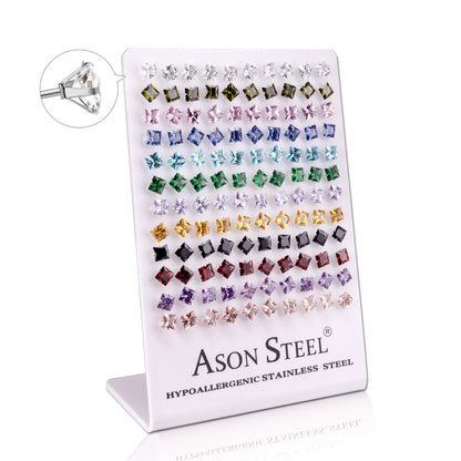 6mm Snapback Steel/Gold Square Mixed Diamond Stud Earrings asonjewelry