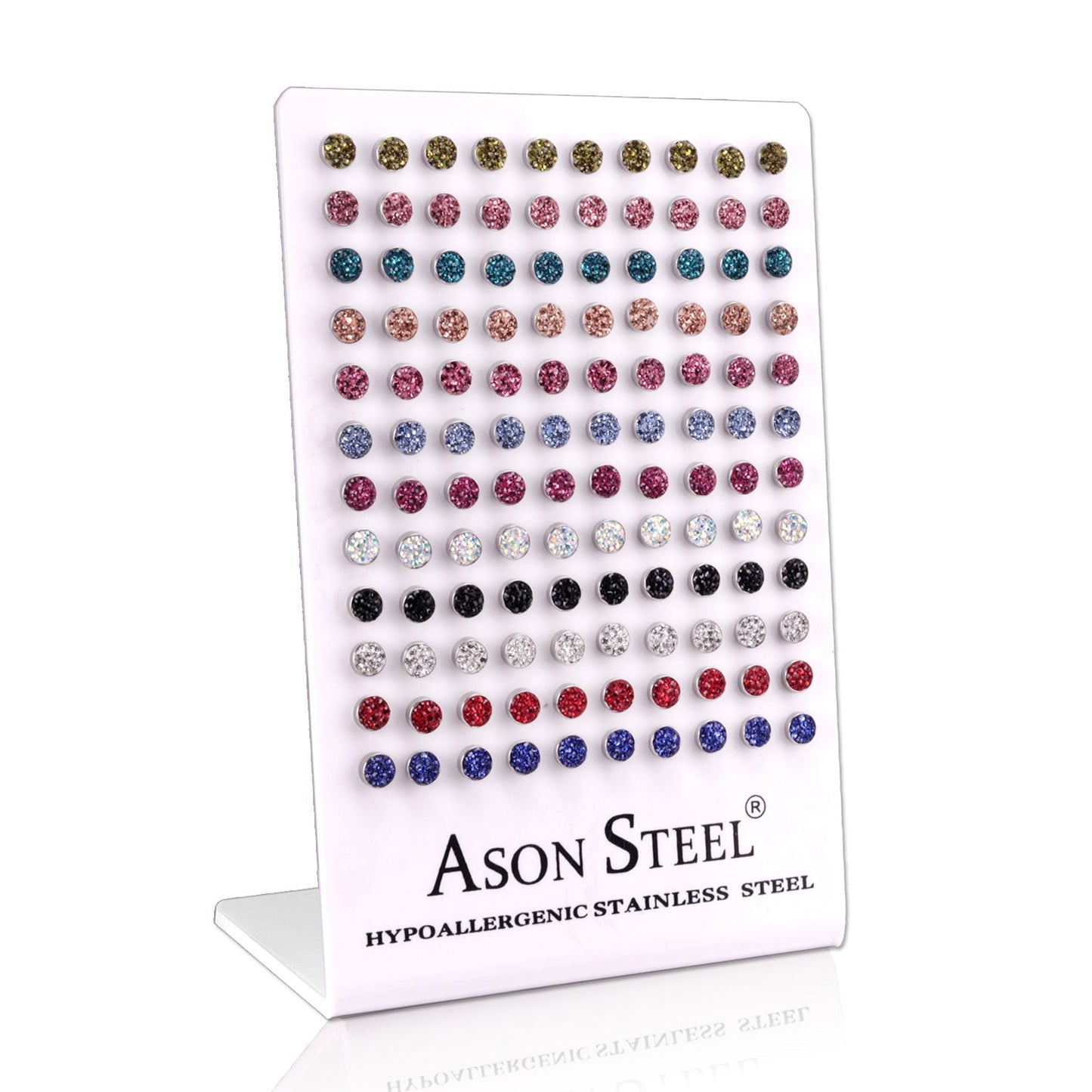 6mm steel/gold cylindrical white clay mix stud earrings on card holders asonjewelry