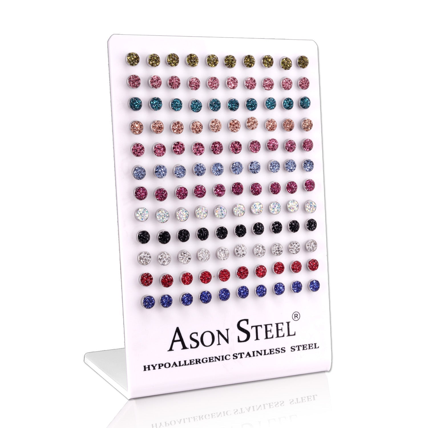 6mm steel/gold cylindrical white clay mix stud earrings on card holders asonjewelry