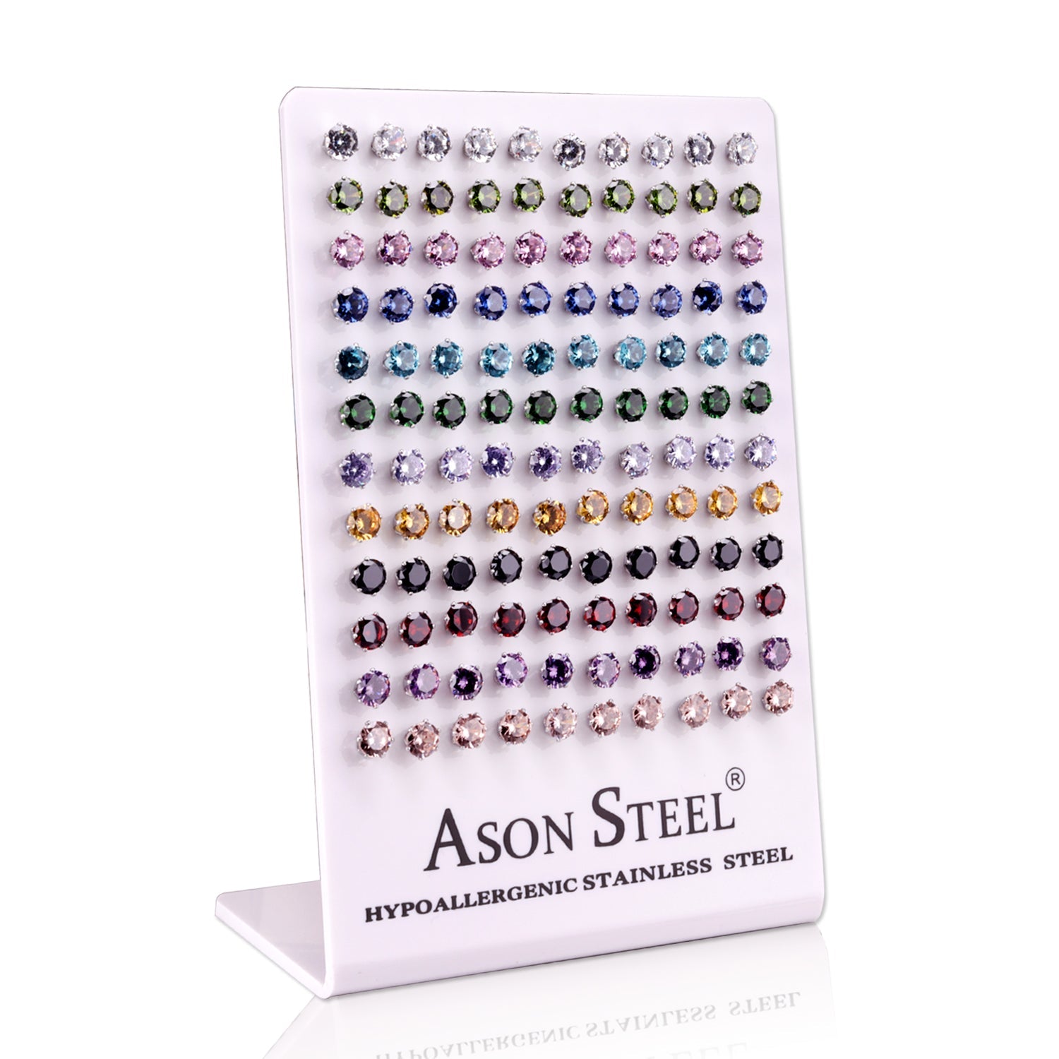 6mm Card Holder Steel/Gold Six Claw Round Mixed Diamond Stud Earrings asonjewelry