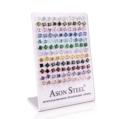 6mm Snapback Steel/Gold Square Mixed Diamond Stud Earrings asonjewelry