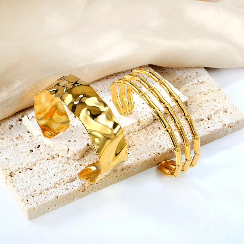 Wholesale Gold Stainless Steel Open Cuff Bracelets | 20mm & 3.6x18mm Stackable Bangles for Retail