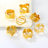 Wholesale Adjustable Ring Set | Butterfly, Starfish, Flower, X Design Gold Stainless Steel Rings | US Size 6-9