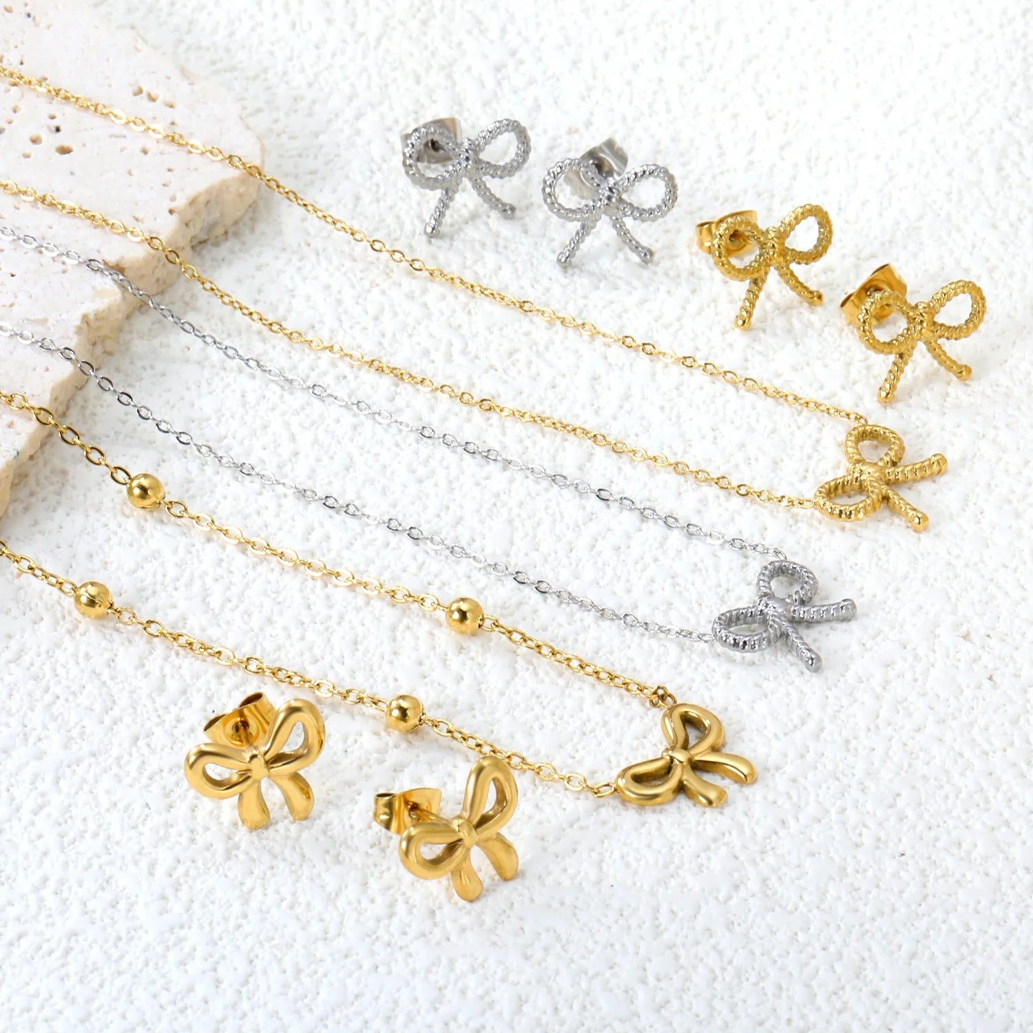 Wholesale Gold Stainless Steel Bow Jewelry Set | 13.2x11.2mm Necklace & Stud Earrings Set for Retail Asonjewelry