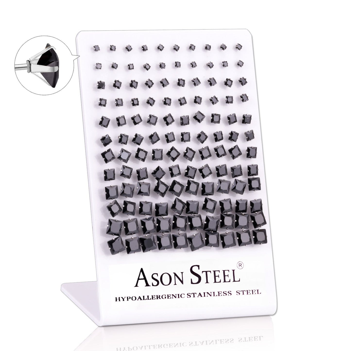 3-8 Snapback Steel/Gold Square White Diamond/Black Diamond Stud Earrings asonjewelry