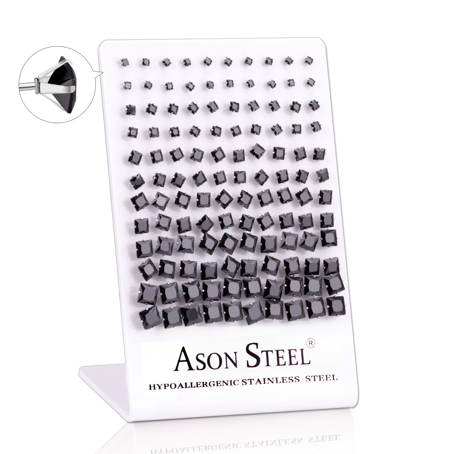 3-8 Snapback Steel/Gold Square White Diamond/Black Diamond Stud Earrings asonjewelry