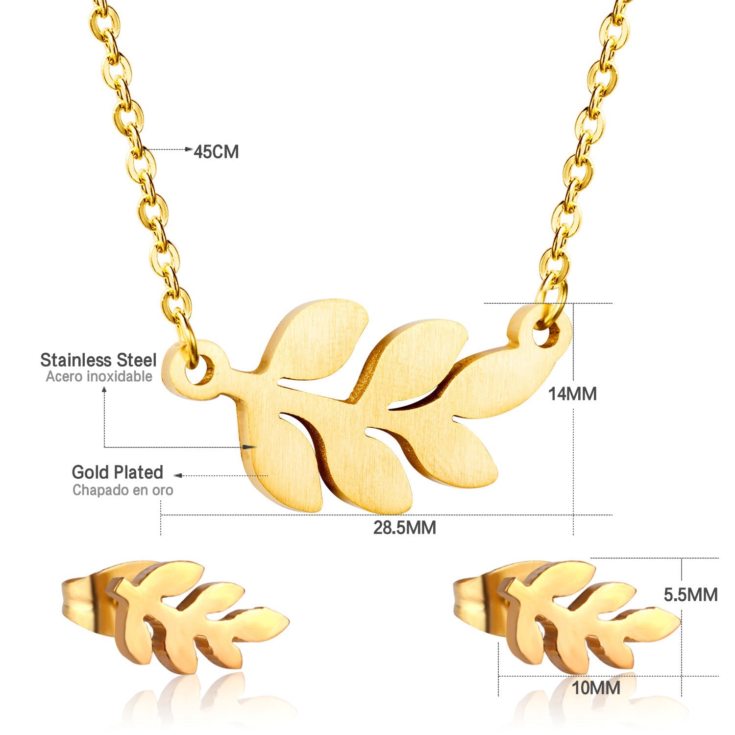 Steel/Gold Faceted Leaf Shape Jewelry Set asonjewelry