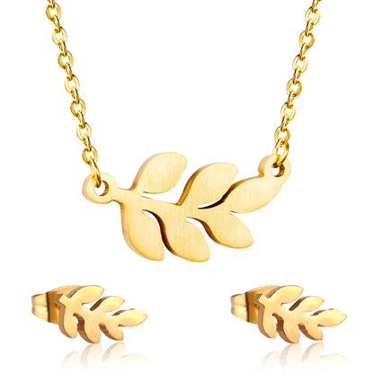 Steel/Gold Faceted Leaf Shape Jewelry Set asonjewelry