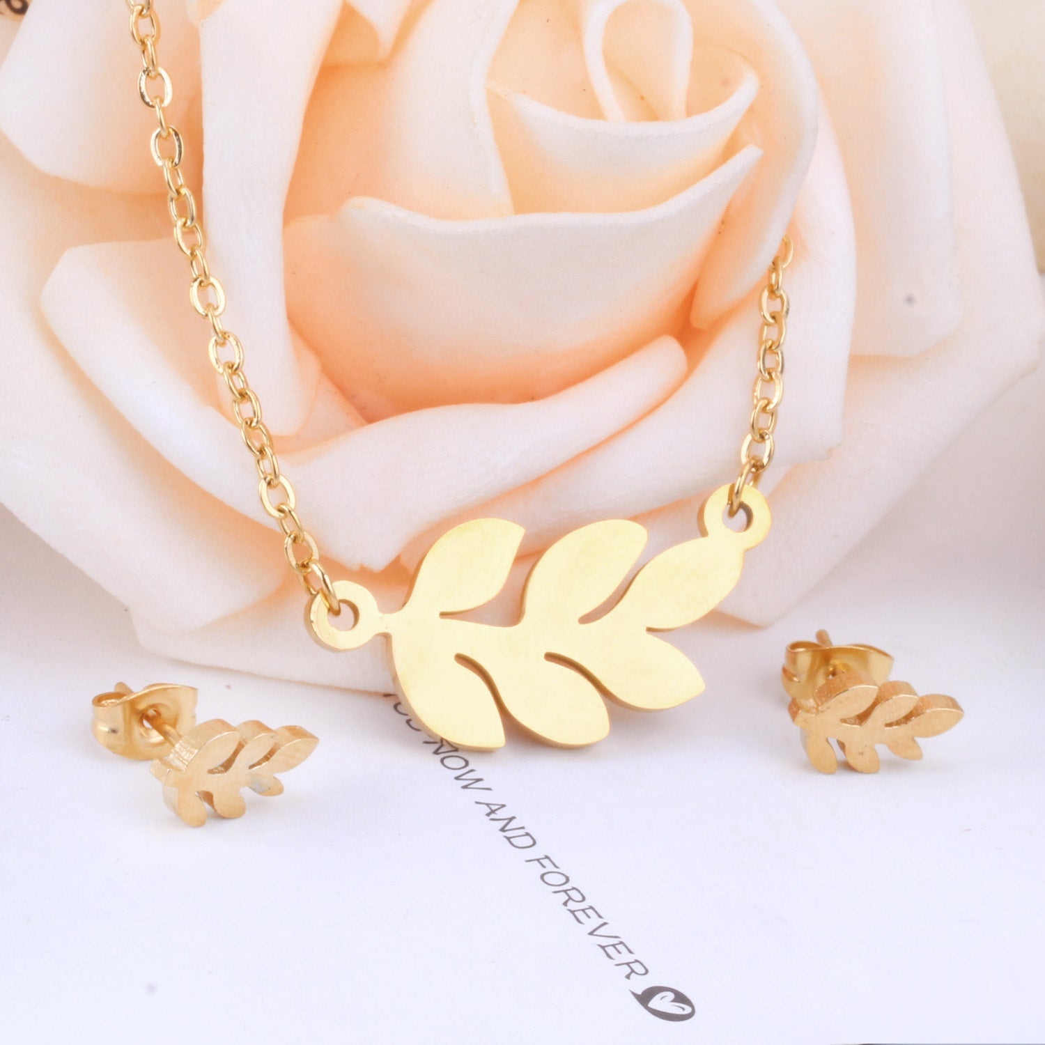 Steel/Gold Faceted Leaf Shape Jewelry Set asonjewelry