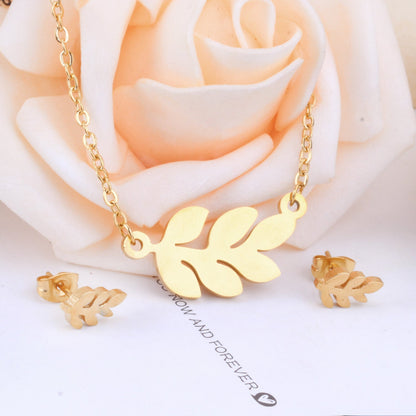 Steel/Gold Faceted Leaf Shape Jewelry Set asonjewelry