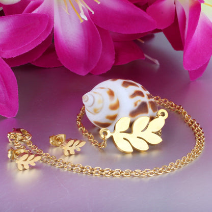 Steel/Gold Faceted Leaf Shape Jewelry Set asonjewelry