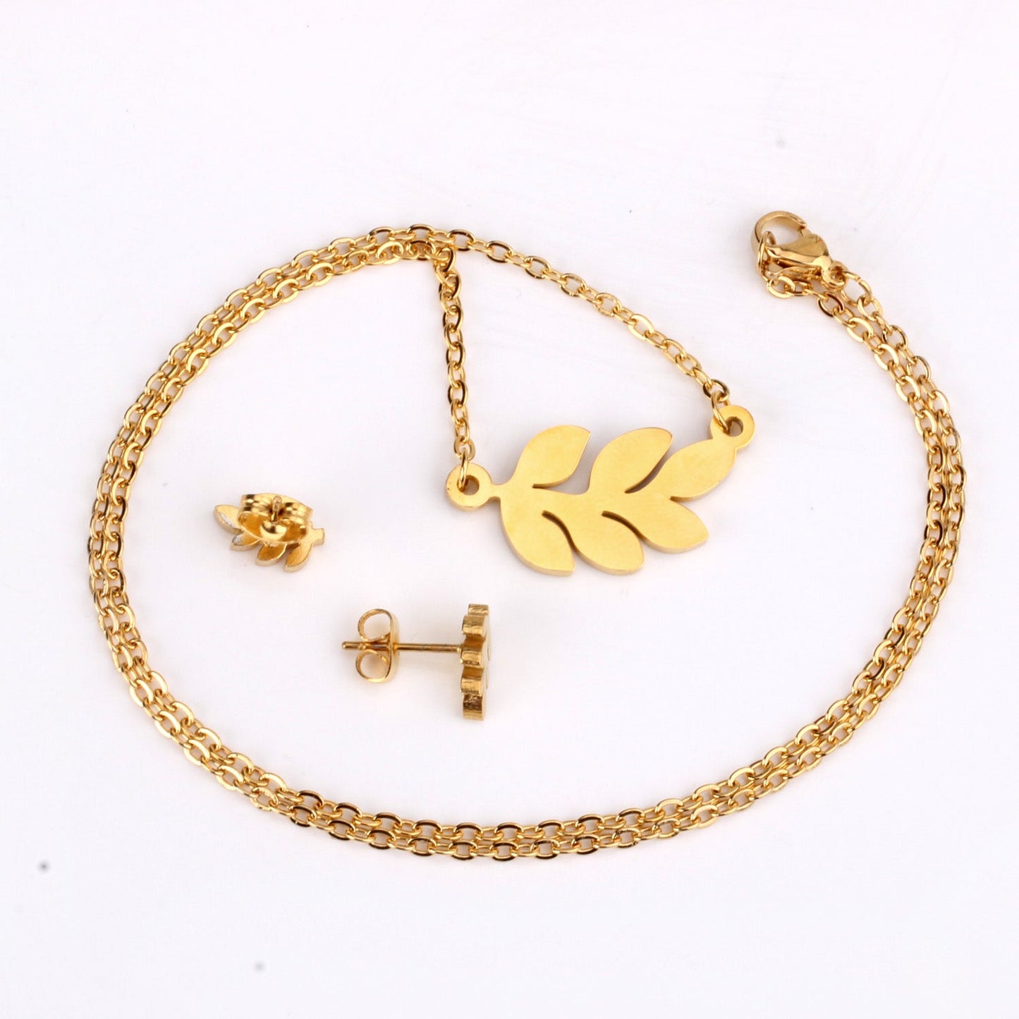 Steel/Gold Faceted Leaf Shape Jewelry Set asonjewelry