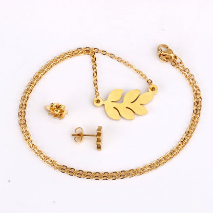 Steel/Gold Faceted Leaf Shape Jewelry Set asonjewelry