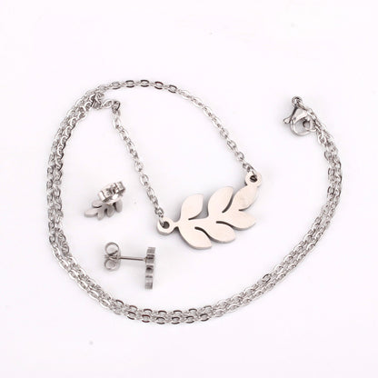 Steel/Gold Faceted Leaf Shape Jewelry Set asonjewelry