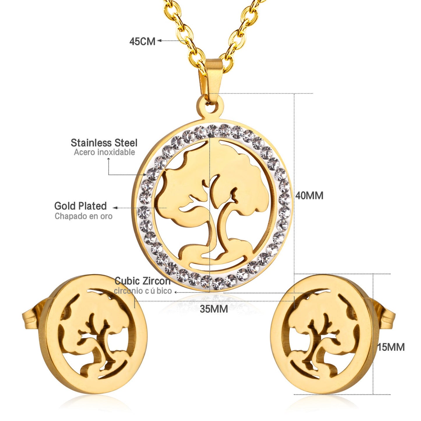 Steel/golden smooth partially glued diamond hollow tree cut jewelry set asonjewelry