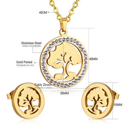 Steel/golden smooth partially glued diamond hollow tree cut jewelry set asonjewelry