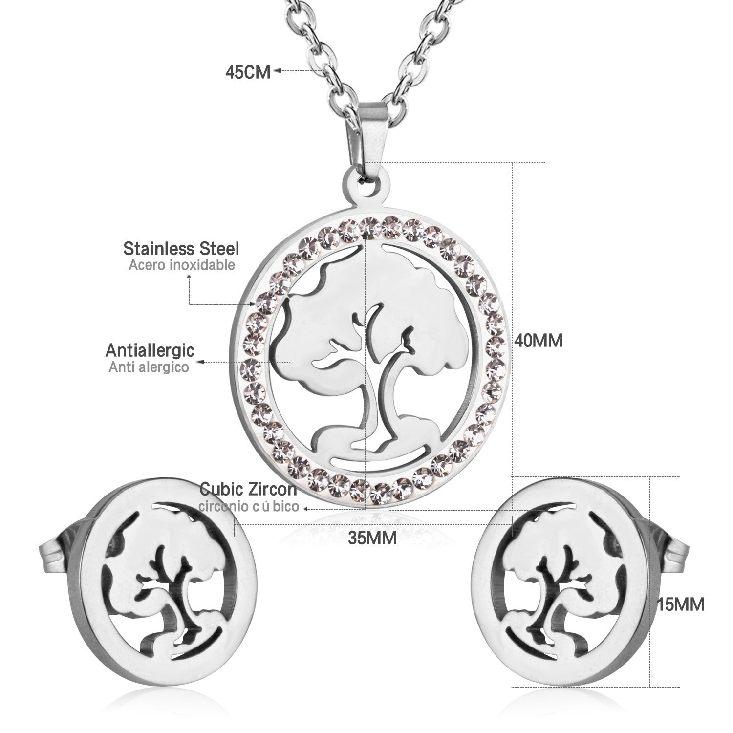 Steel/golden smooth partially glued diamond hollow tree cut jewelry set asonjewelry
